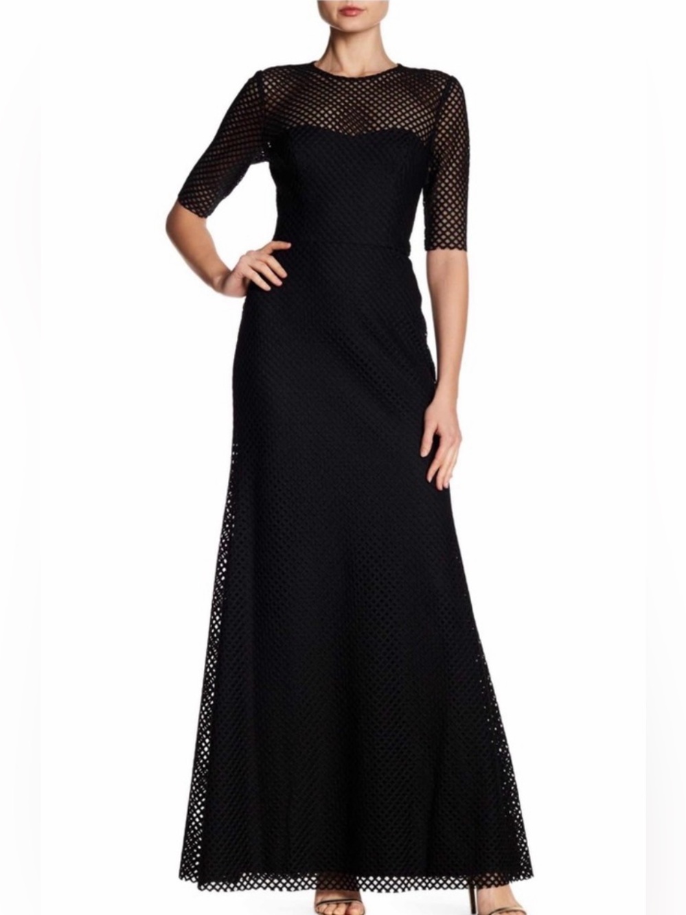VERA WANG Elbow Sleeve Graphic Lace Gown 4 Black Wedding Event Gala